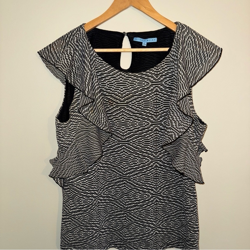 Antonio Melani Womens Black & White Flutter Ruffle Sleeve Blouse Shirt L - Picture 2 of 9